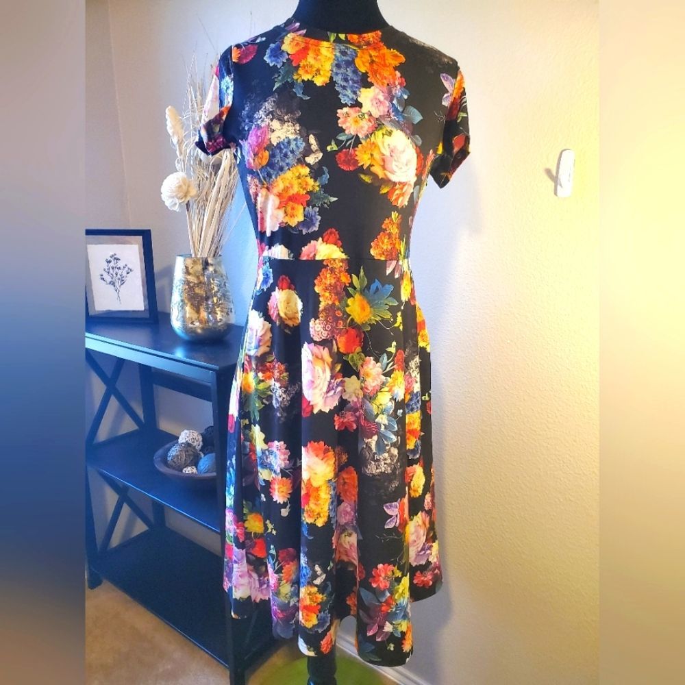 Oxiuly Fashion Black Midi Dress With Floral Print, L